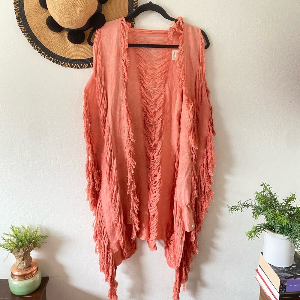 Alejandra RAW Project Handmade Coral Pink Boho Fringe Cotton Kimono Cardigan